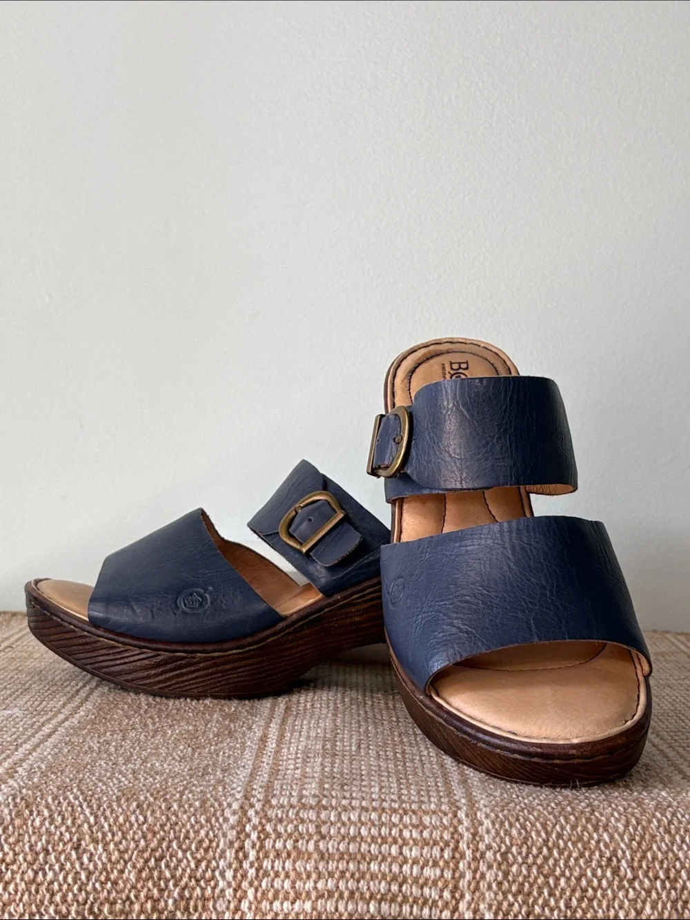 Born Navy Blue Leather Double-Strap Wedge Sandals; Adjustable buckles  Size-8